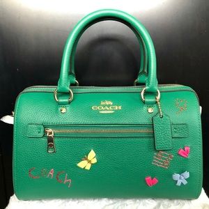 NEW COACH Rowan Diary Embroidery Leather Satchel Bag in Green Color